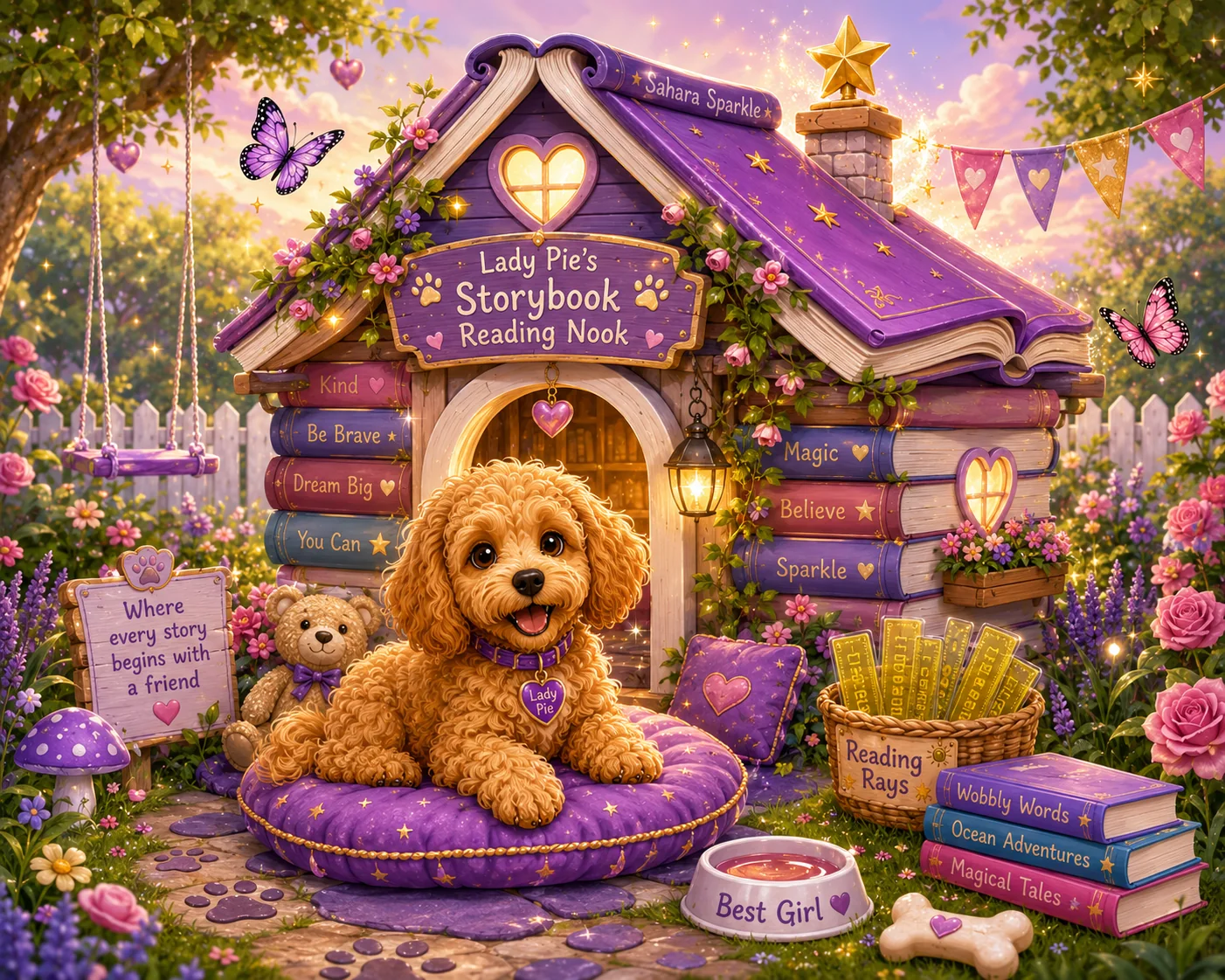 Lady Pie sitting outside her magical Storybook Reading Nook made from books
